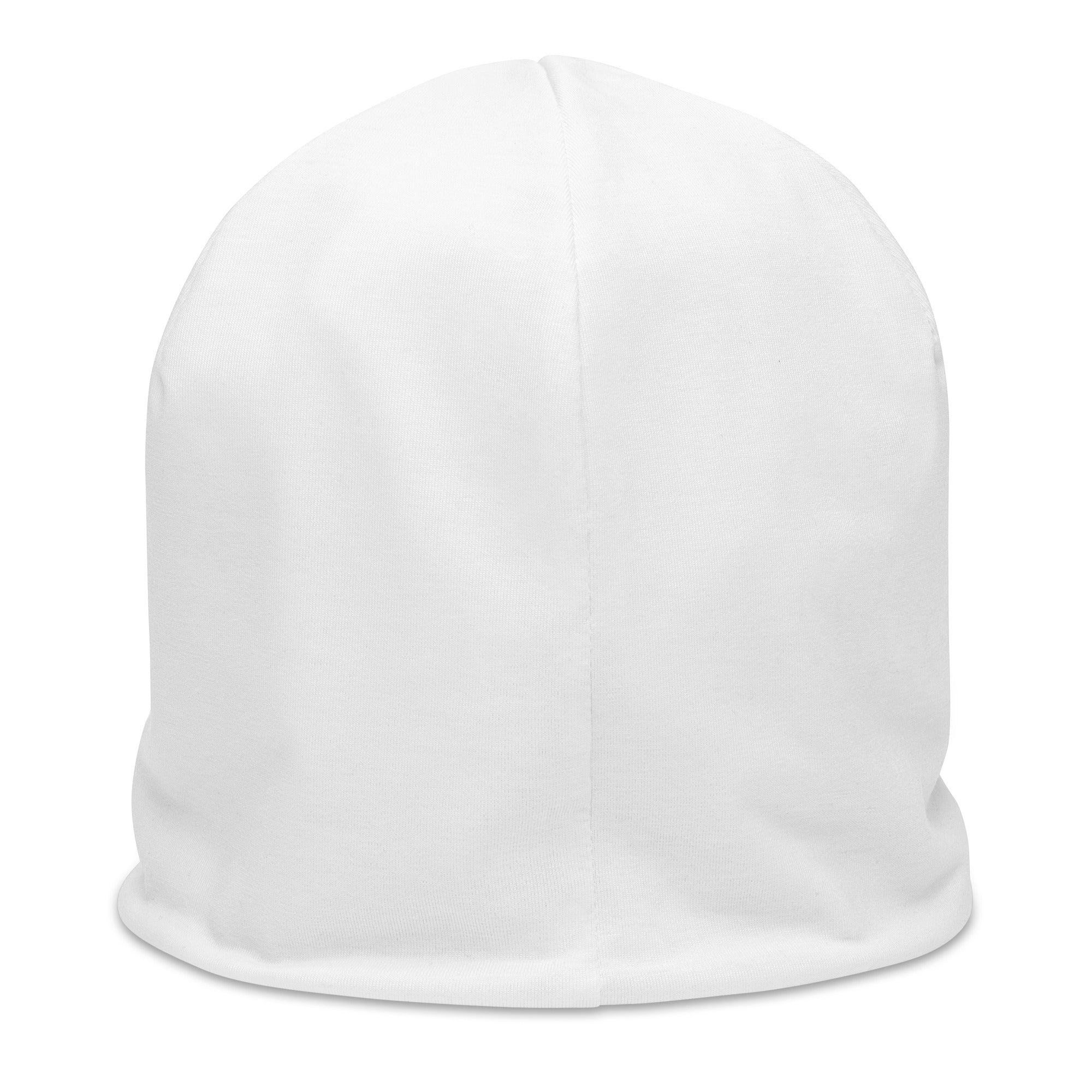 White double-layer knit beanie, soft and warm with back seam.