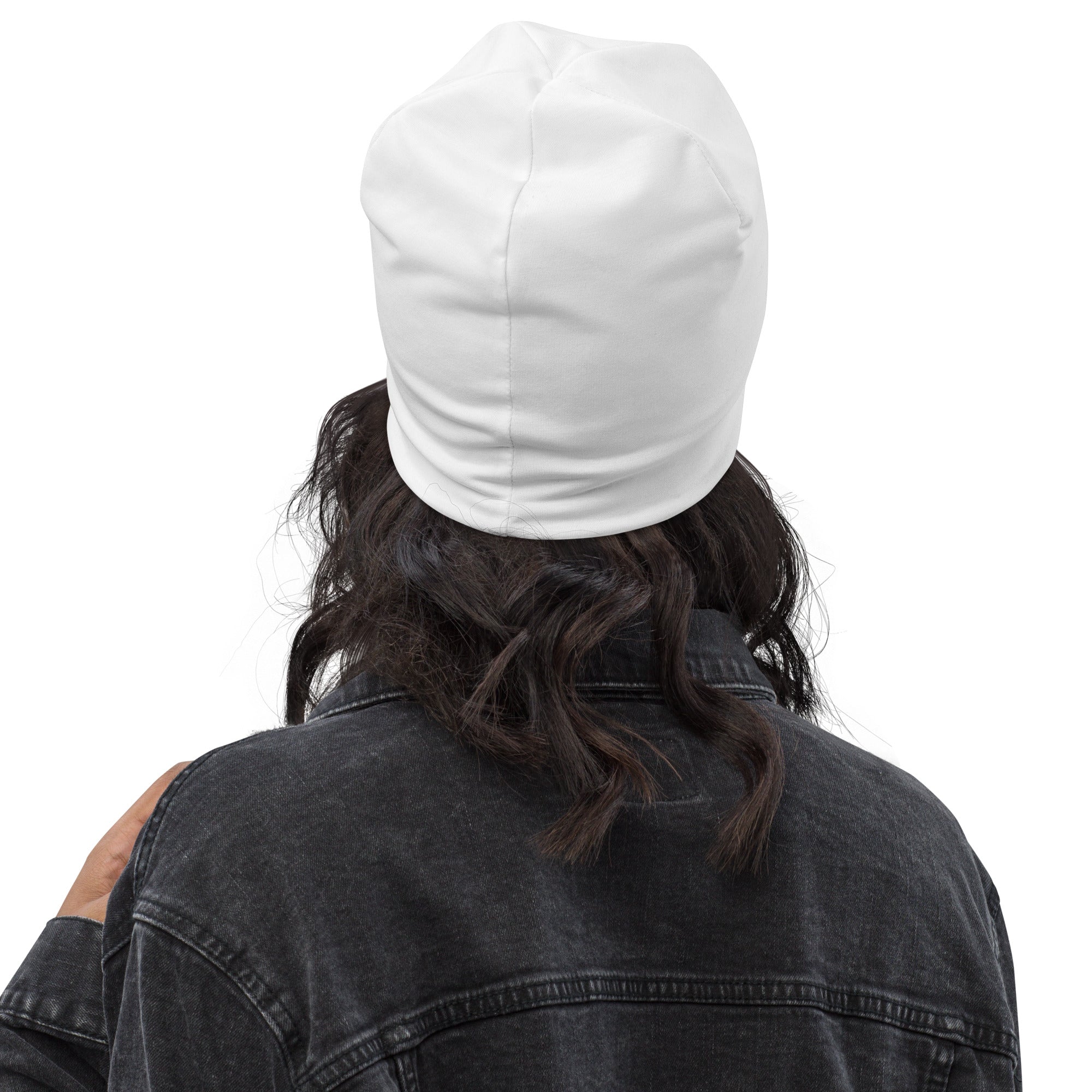 Back view of a person wearing a white All-Over Print Beanie.