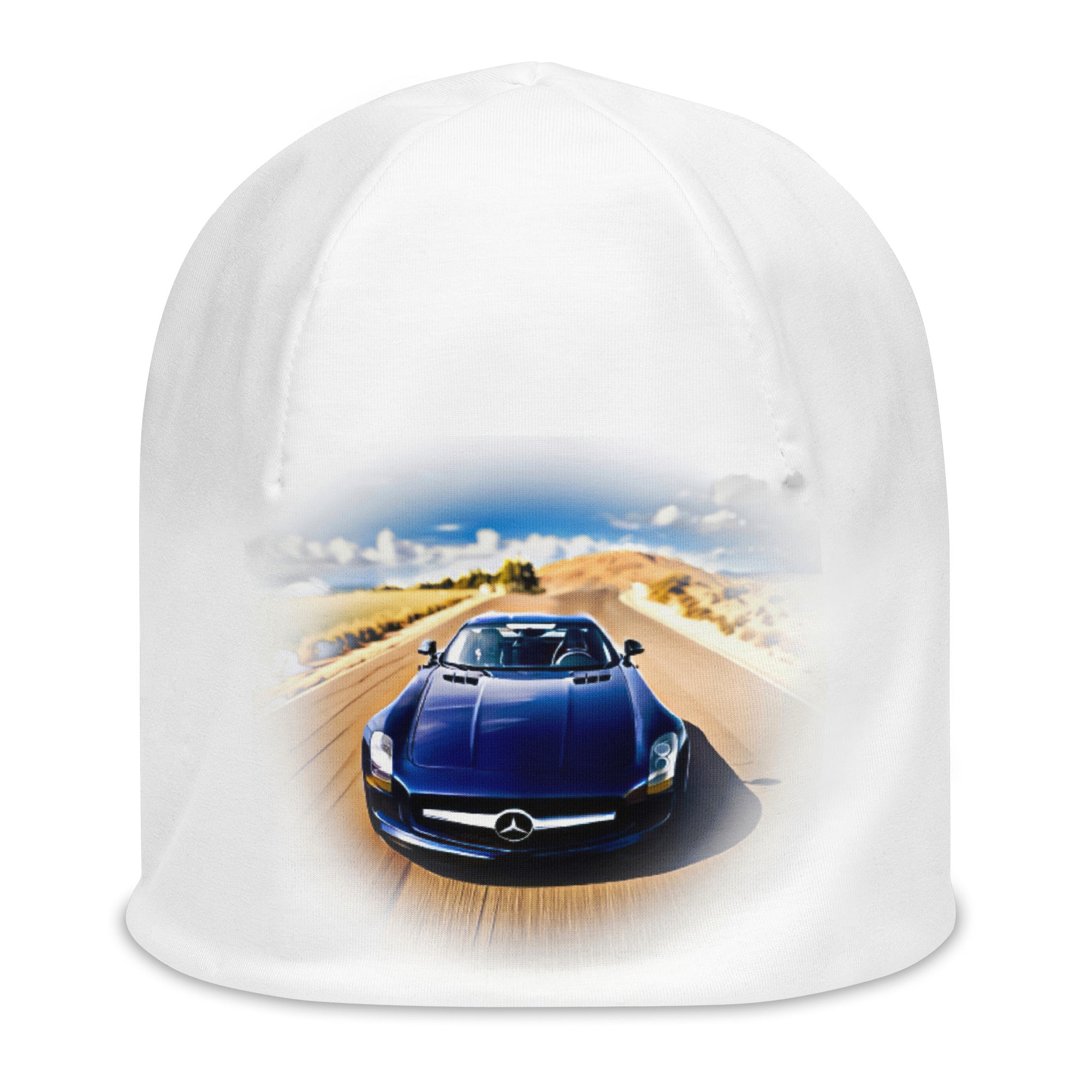 All-Over Print Beanie featuring a blue sports car on a desert road background.