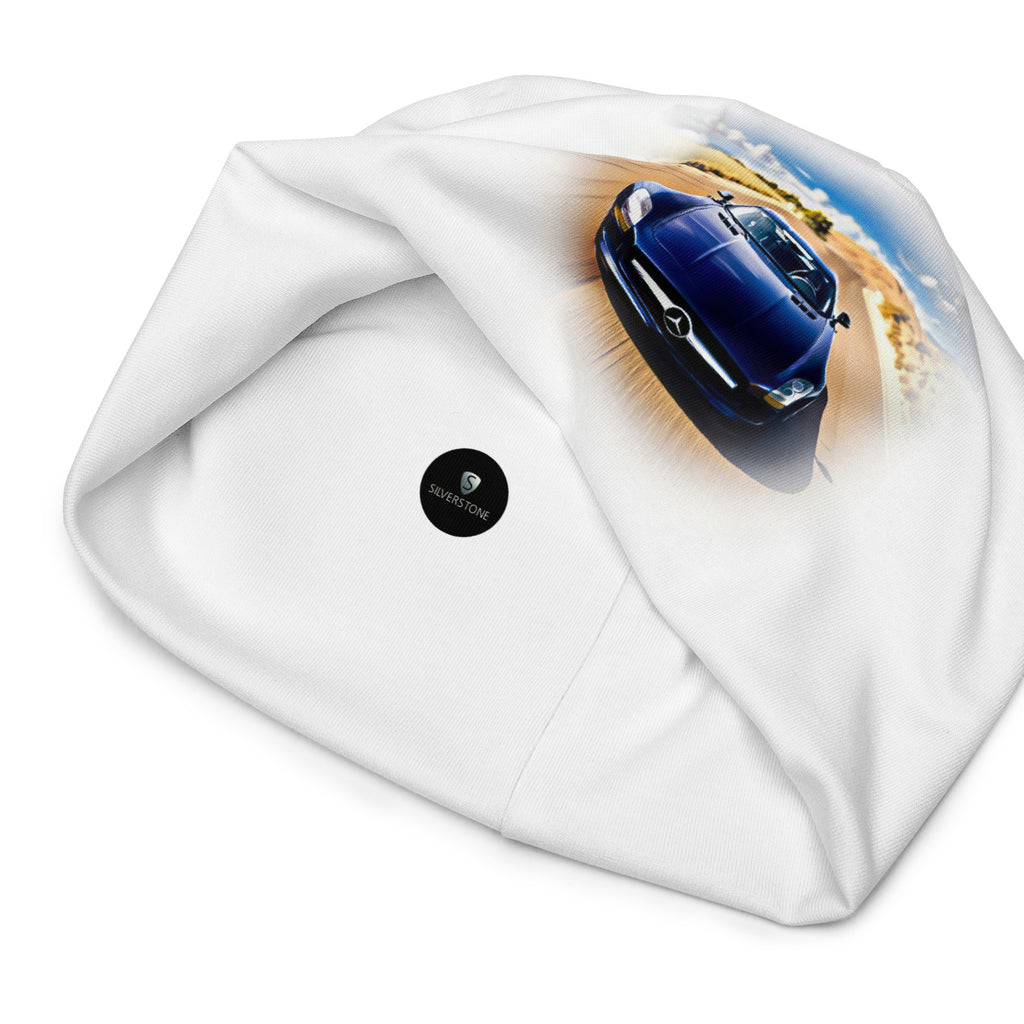White all-over print beanie with a blue car graphic; double-layered, soft, comfy.