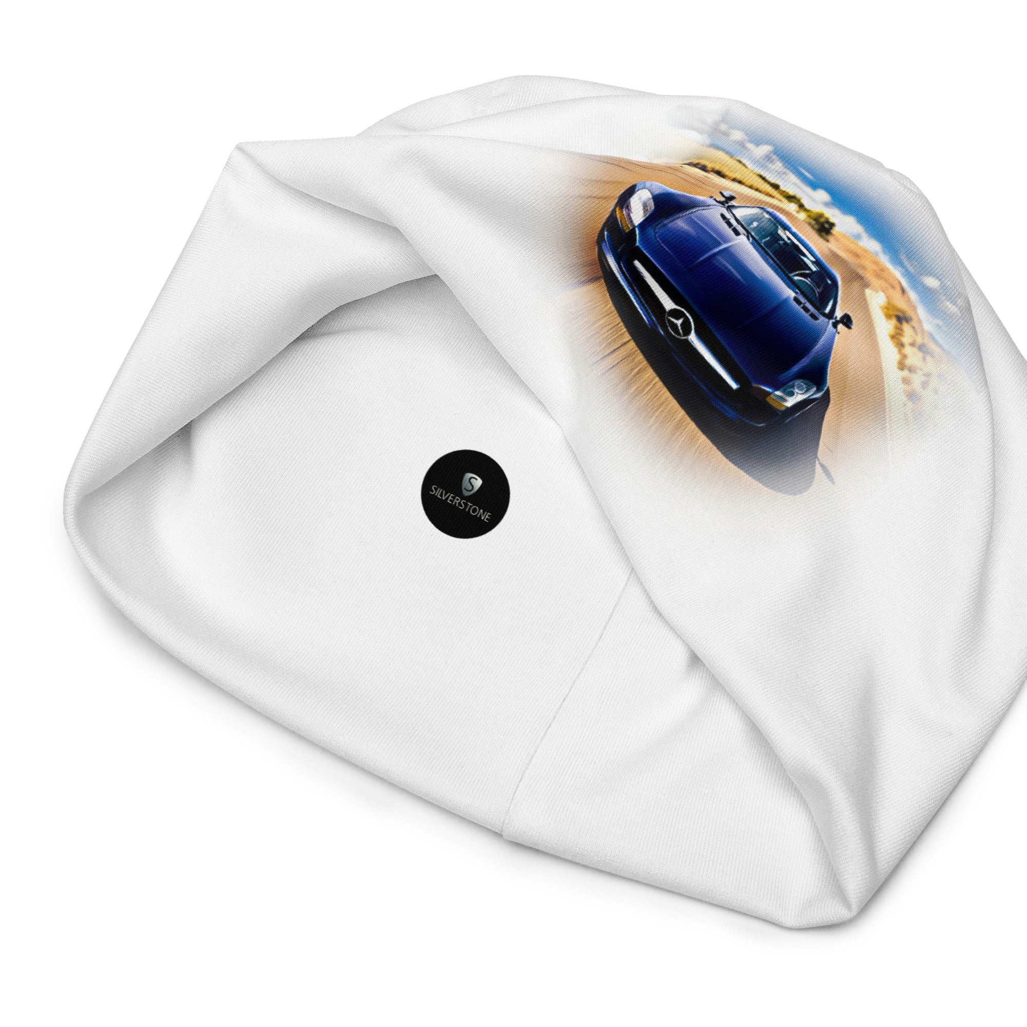 White all-over print beanie with a blue car graphic; double-layered, soft, comfy.