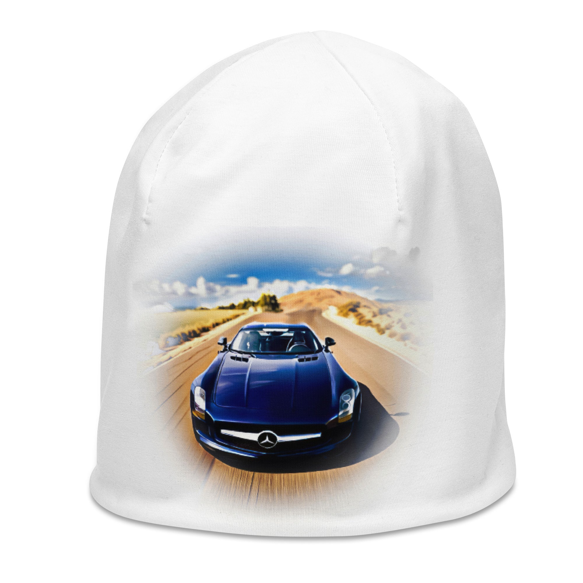 All-Over Print Beanie featuring a blue Mercedes sports car on a sunlit desert road