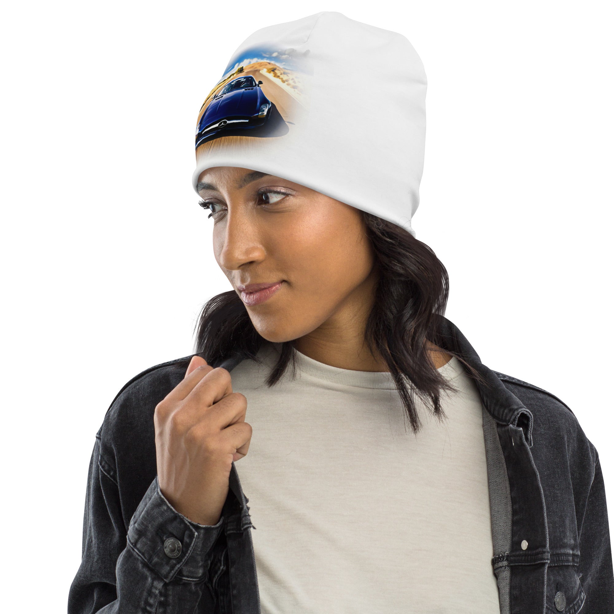 All-Over Print Beanie on a model with a car graphic, double-layered, soft, warm and cozy.