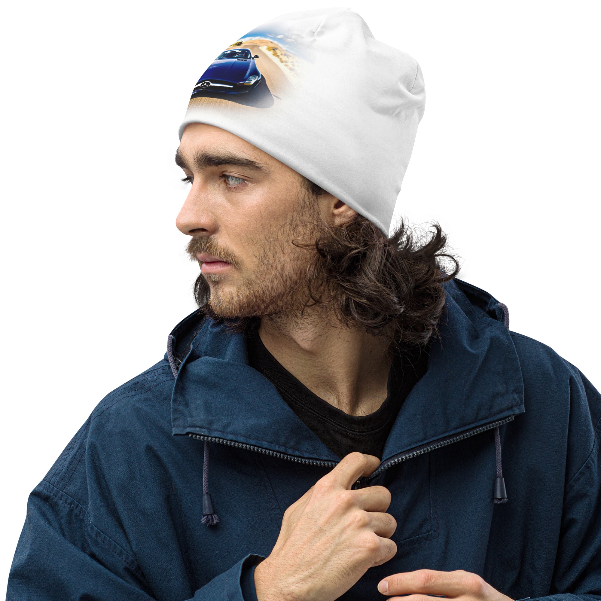 All-Over Print Beanie worn by a man with car graphic; warm, stylish, double-layered, soft and comfy.