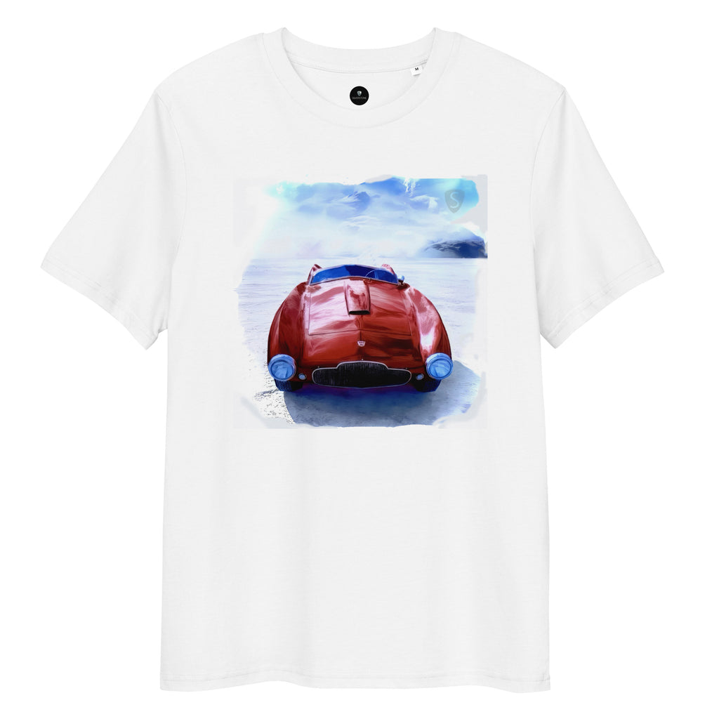 Red vintage Aston Martin sports car graphic on a white T-shirt with alpine mountains in the background.