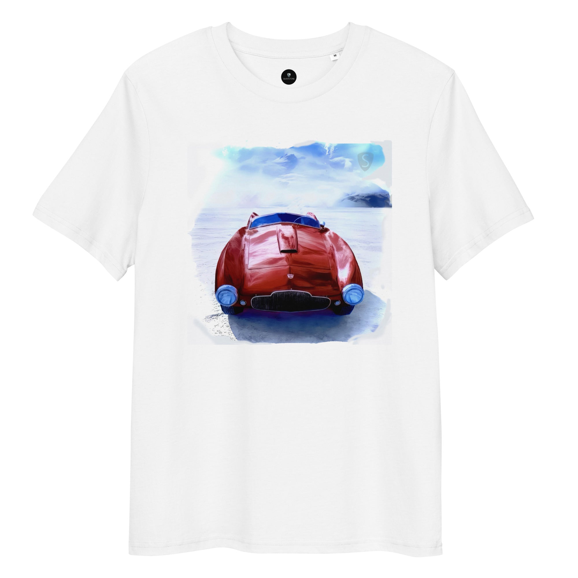 Red vintage Aston Martin sports car graphic on a white T-shirt with alpine mountains in the background.